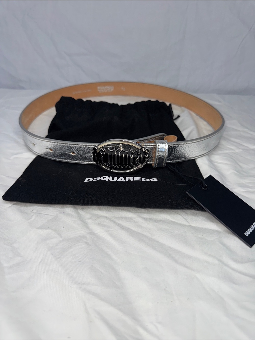 DSQUARED2 NWT Silver Metallic Leather Belt with Black Logo Buckle
